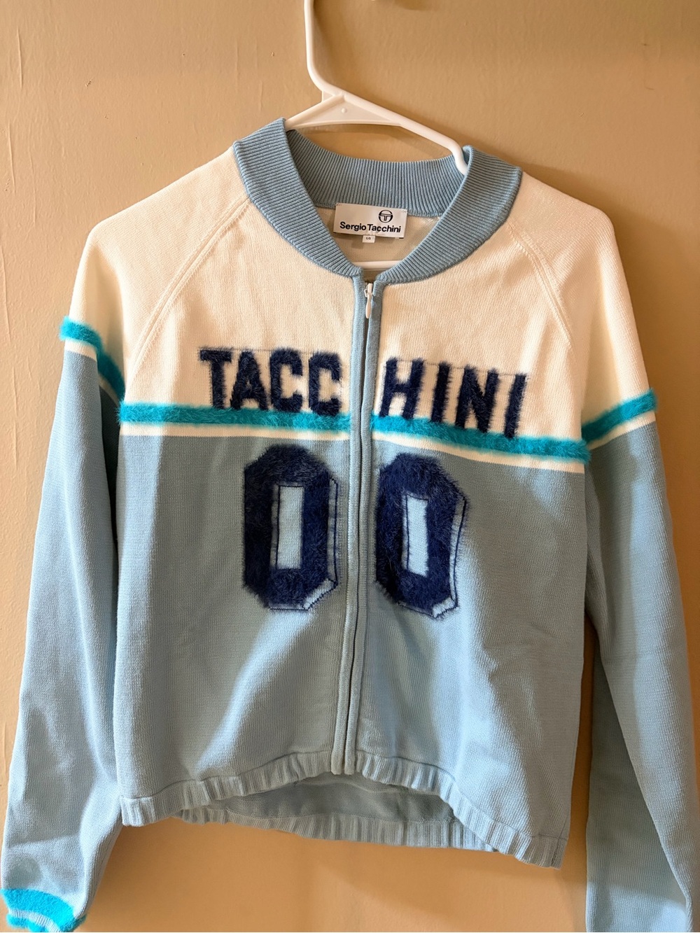 Sergio Tacchini Light Blue & White Zip-Up Sweater with Navy Appliqué
